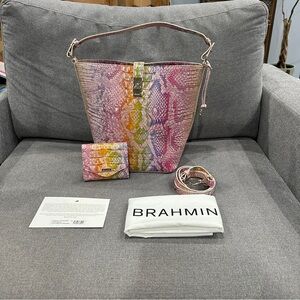 Brahmin Pink and Green Shoulder Bag with Snakeskin Print